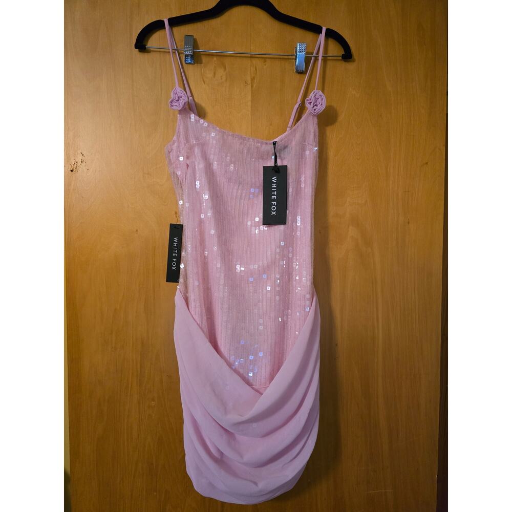 White Fox Pink Sequin Mesh Ruched Mini Dress Lace-Up Back NWT Size S